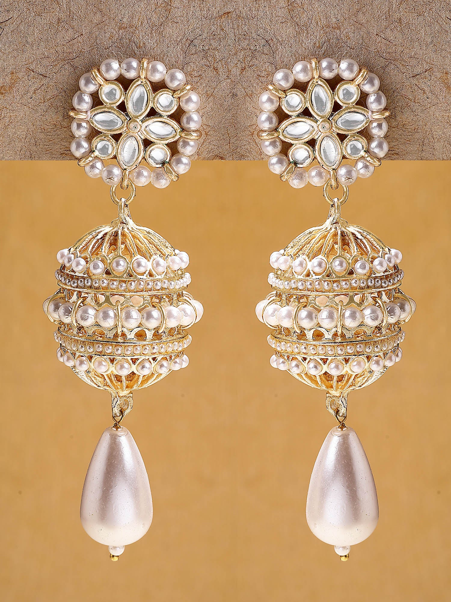 Karatcart Traditional Handcrafted Gold-Plated Teardrop Pearl Dome Kundan Dangler Earrings for Women