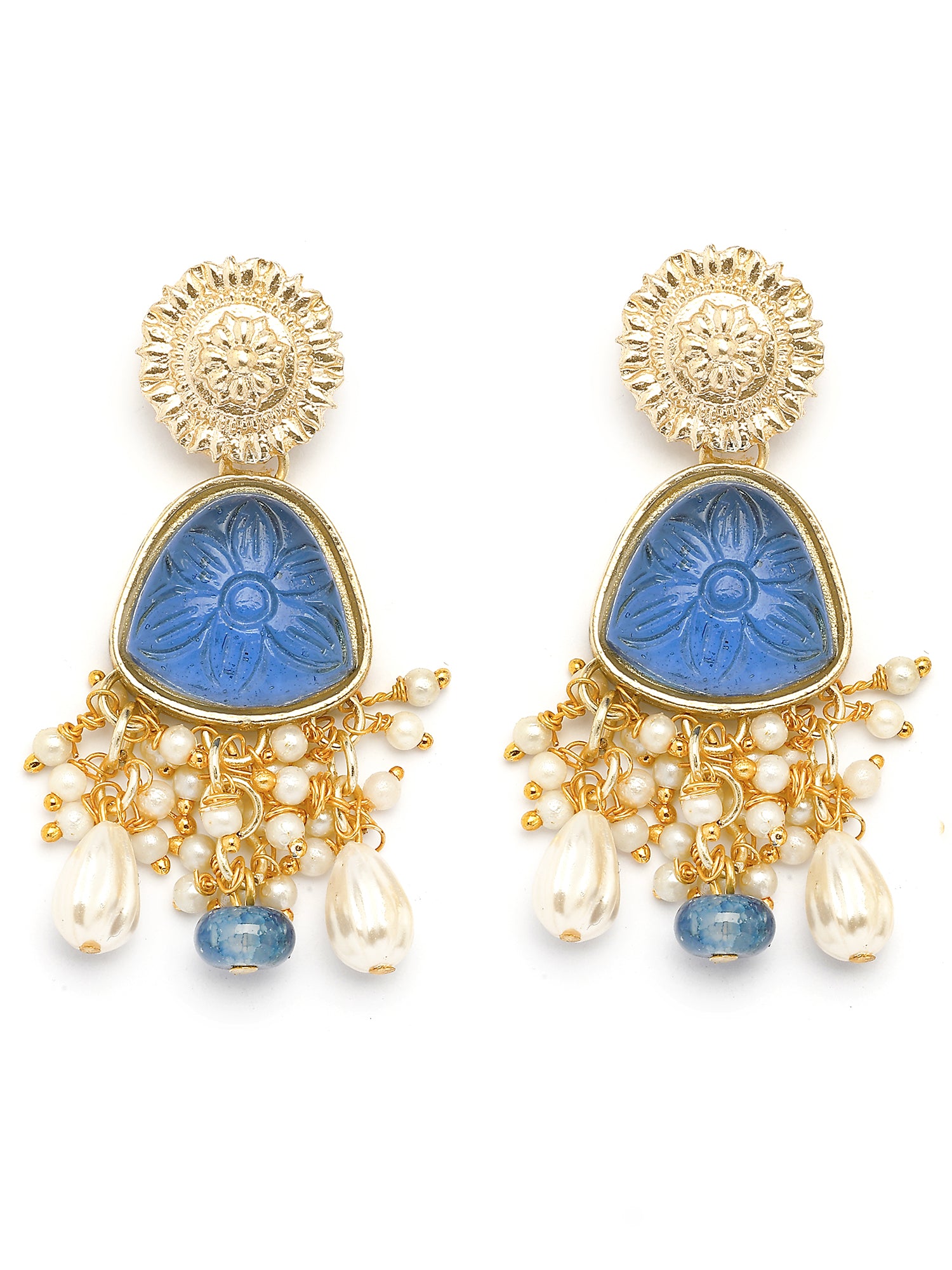 KARATCART Traditional Gold-Plated Blue Carved Stone Kundan Choker Necklace Set for Women - view 6