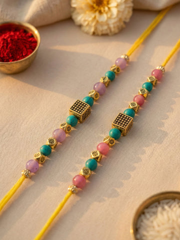 KARATCART Set of 2 Designer Cube Charm Multicolor Beads Kundan Rakhi for Brother with Roli & Chawal