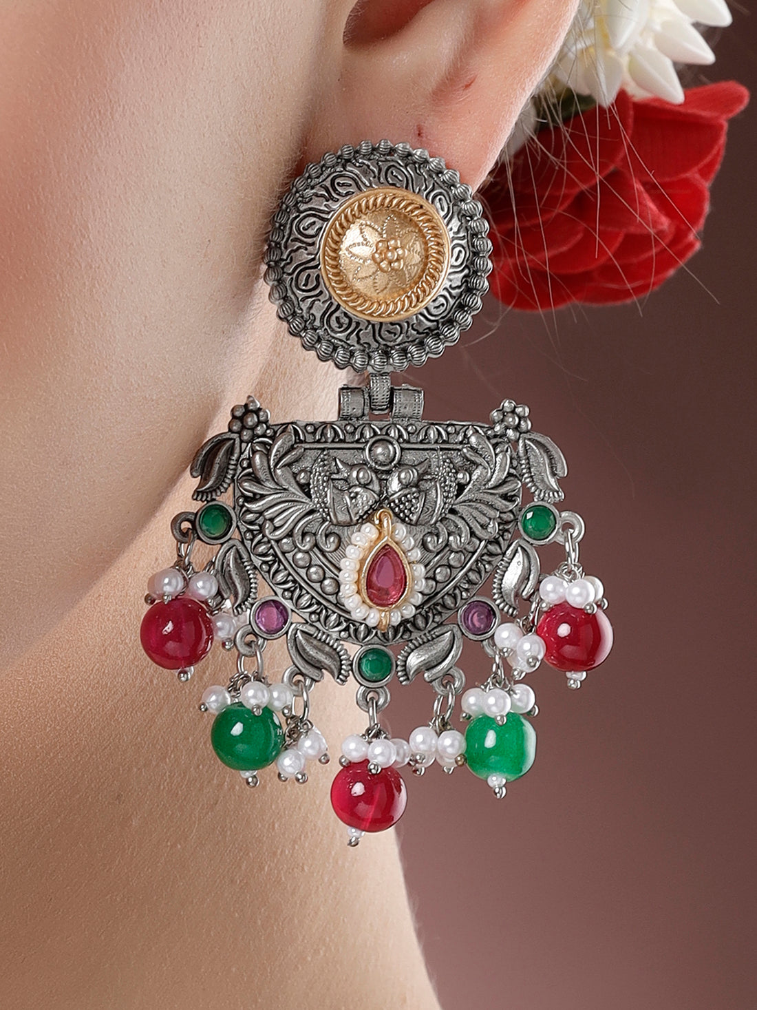 Karatcart Oxidised Silver and Gold Plated Red and Green Beads Dangler Earrings for Women