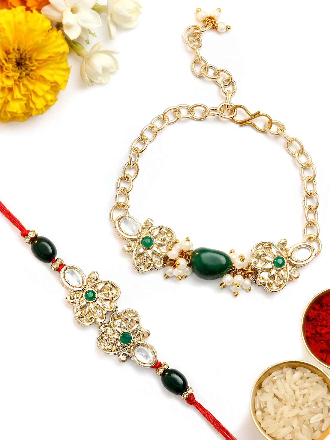 KARATCART Green Stone Gold Plated Handmade Kundan Bhaiya Bhabhi Rakhi with Roli & Chawal