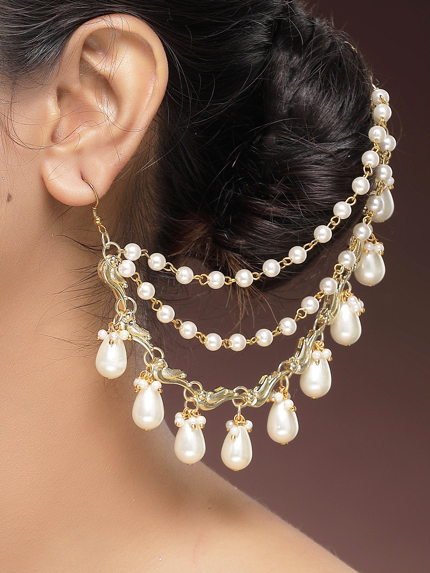 KARATCART Traditional Gold-Plated Peacock Kundan and Pearl Kaanchain Earrings for Women - view 2