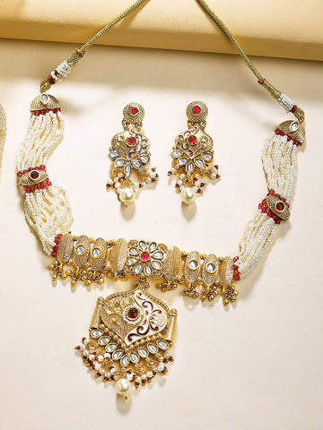 KARATCART Elegant Gold-Plated Red Kundan Floral Choker Necklace Set for Women