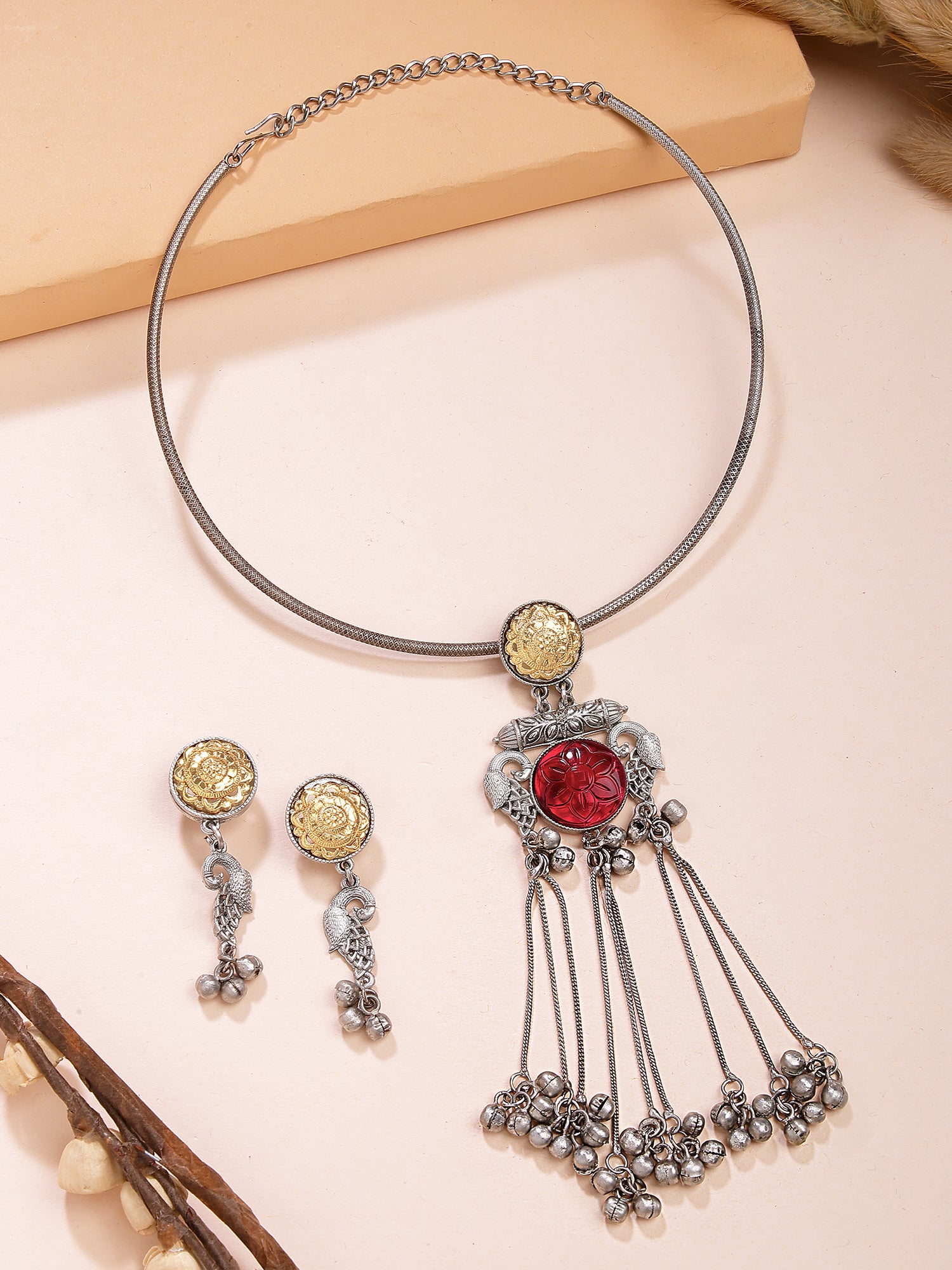 Karatcart Oxidised Silver Red Stone Peacock Design Hasli Necklace Set for Women