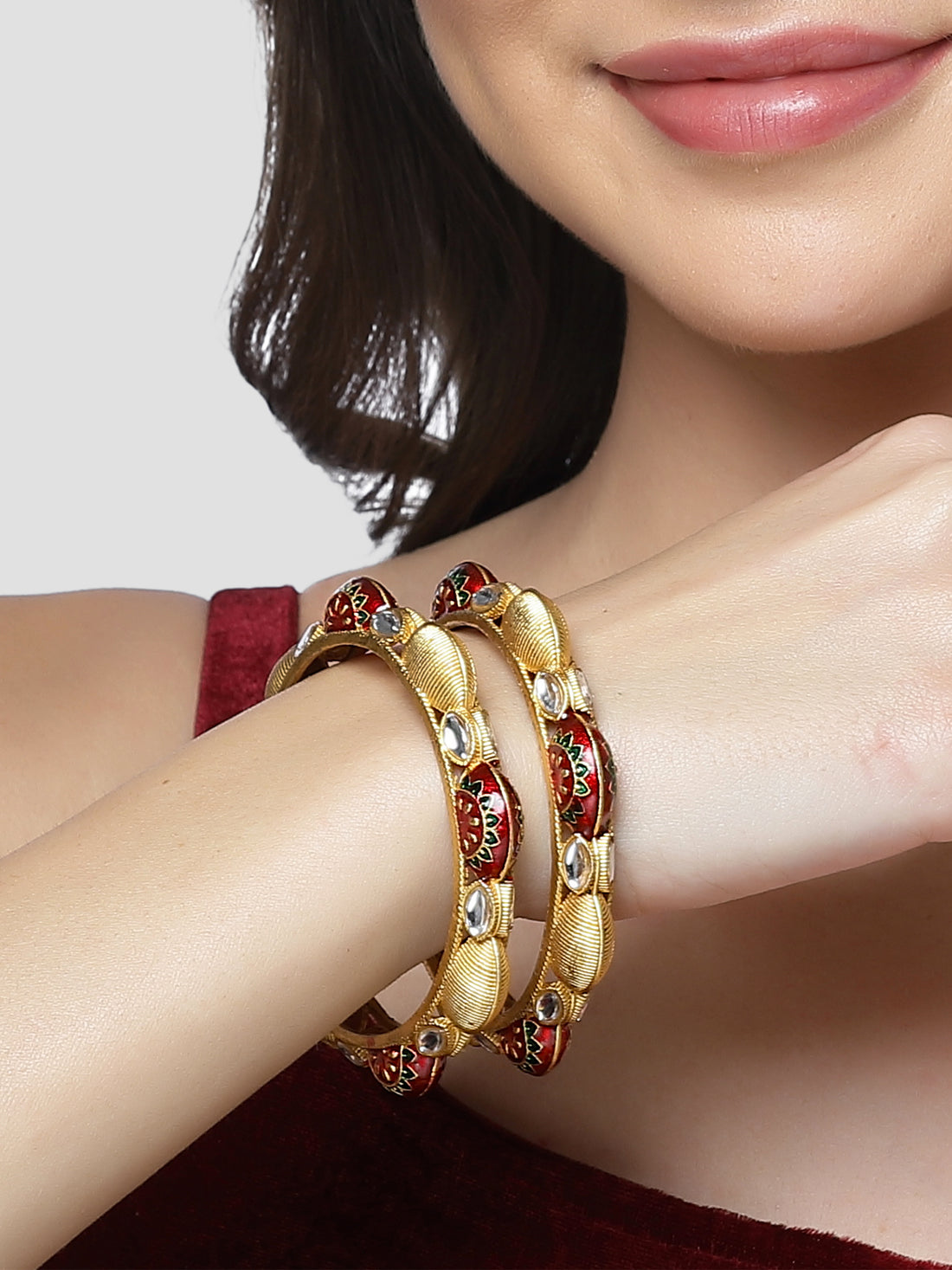 Karatcart Gold Plated Set of 2 Red Meena Bangles for Women