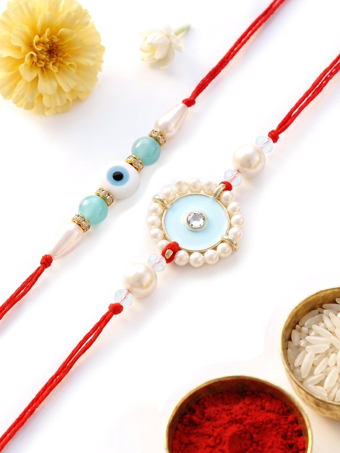 KARATCART Set of 2 Evil Eye Handmade Light Blue Kundan Rakhi for Brother with Roli and Chawal