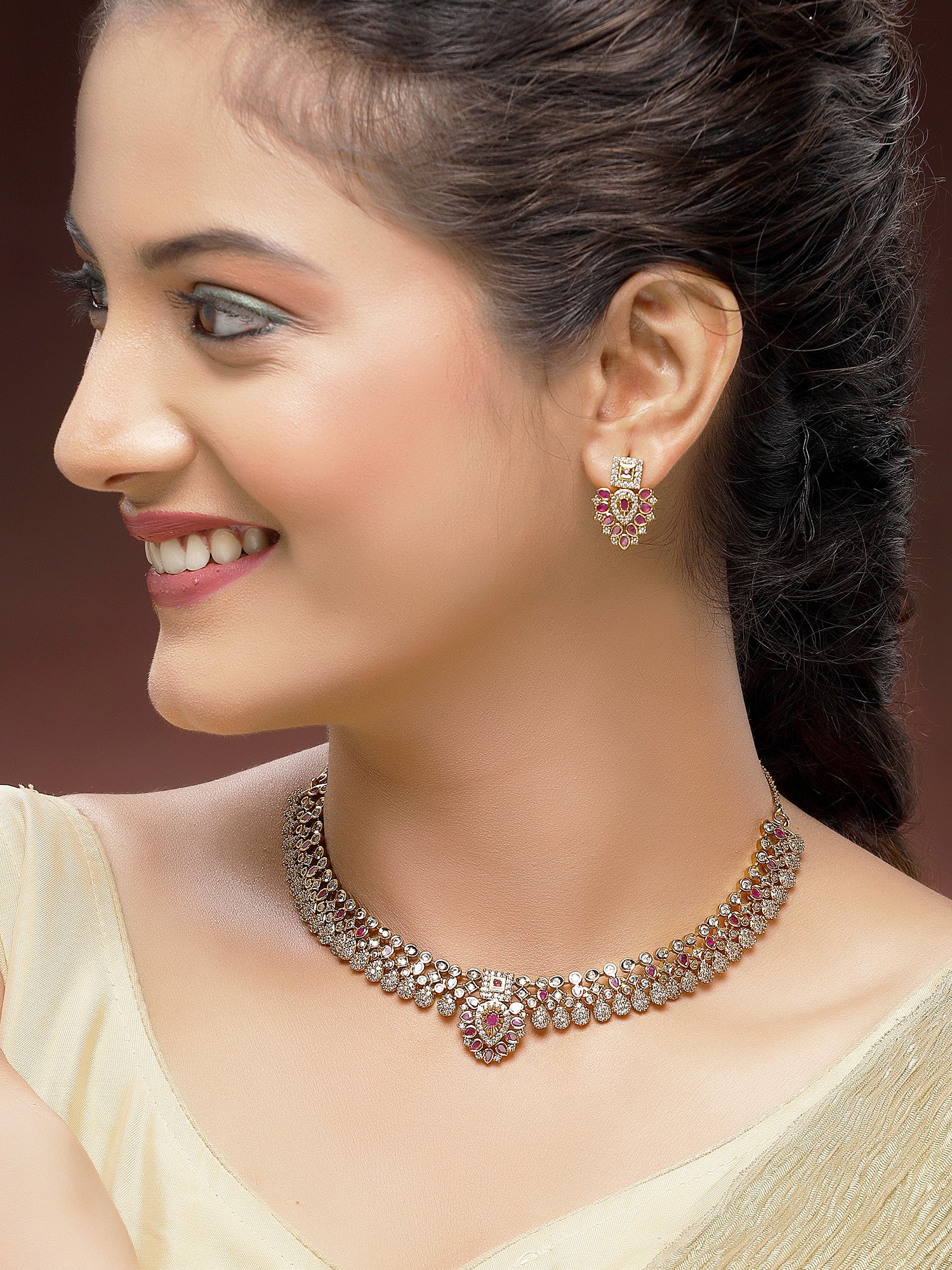 KARATCART Elegant Gold-Plated Teardrop Red American Diamond Jewellery Set for Women