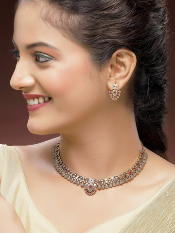 KARATCART Elegant Gold-Plated Teardrop Red American Diamond Jewellery Set for Women