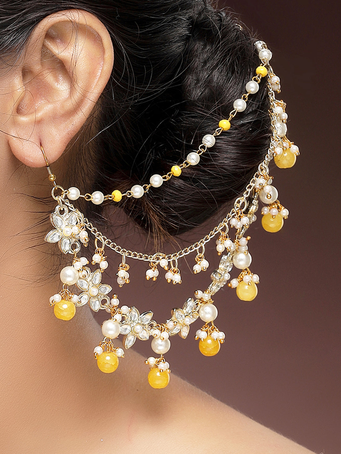 KARATCART Traditional Gold-Plated Yellow Beads Floral Kundan Kaanchain Earrings for Women