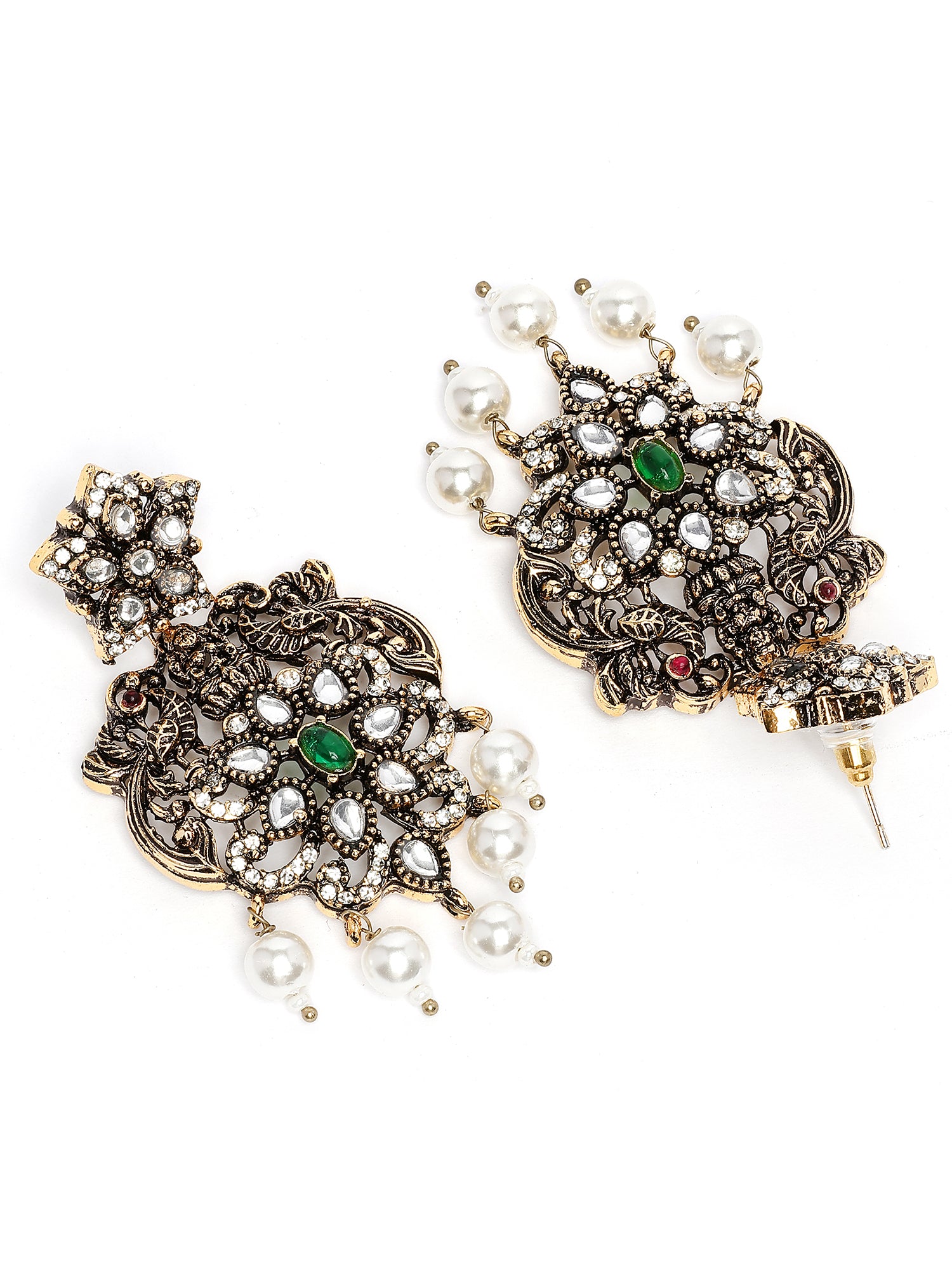 Karatcart Antique Gold Plated Green Stone Temple Jewellery Set for Women - view 7