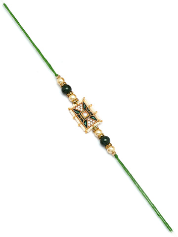 Karatcart Set of 4 Red and Green Floral Design Kundan Rakhi for Brother with Roli & Chawal