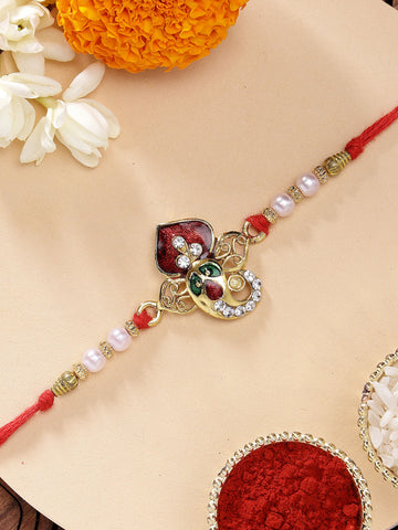 KARATCART Designer Lord Ganesha Design Meenakari Handmade Kundan Rakhi for Brother with Roli Chawal