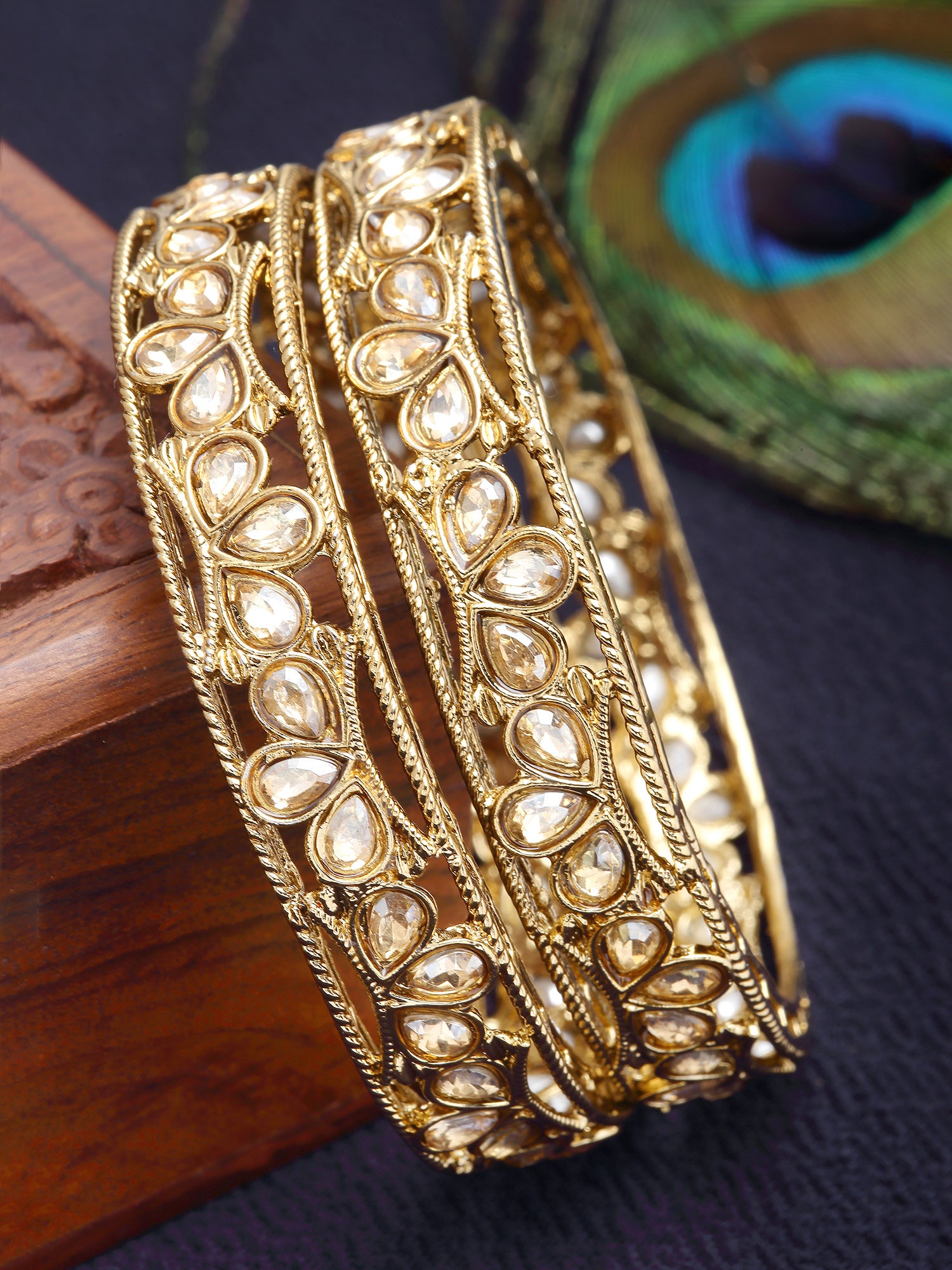Karatcart Set of 2 Antique Gold Plated Golden Kundan Studded Bangles for Women
