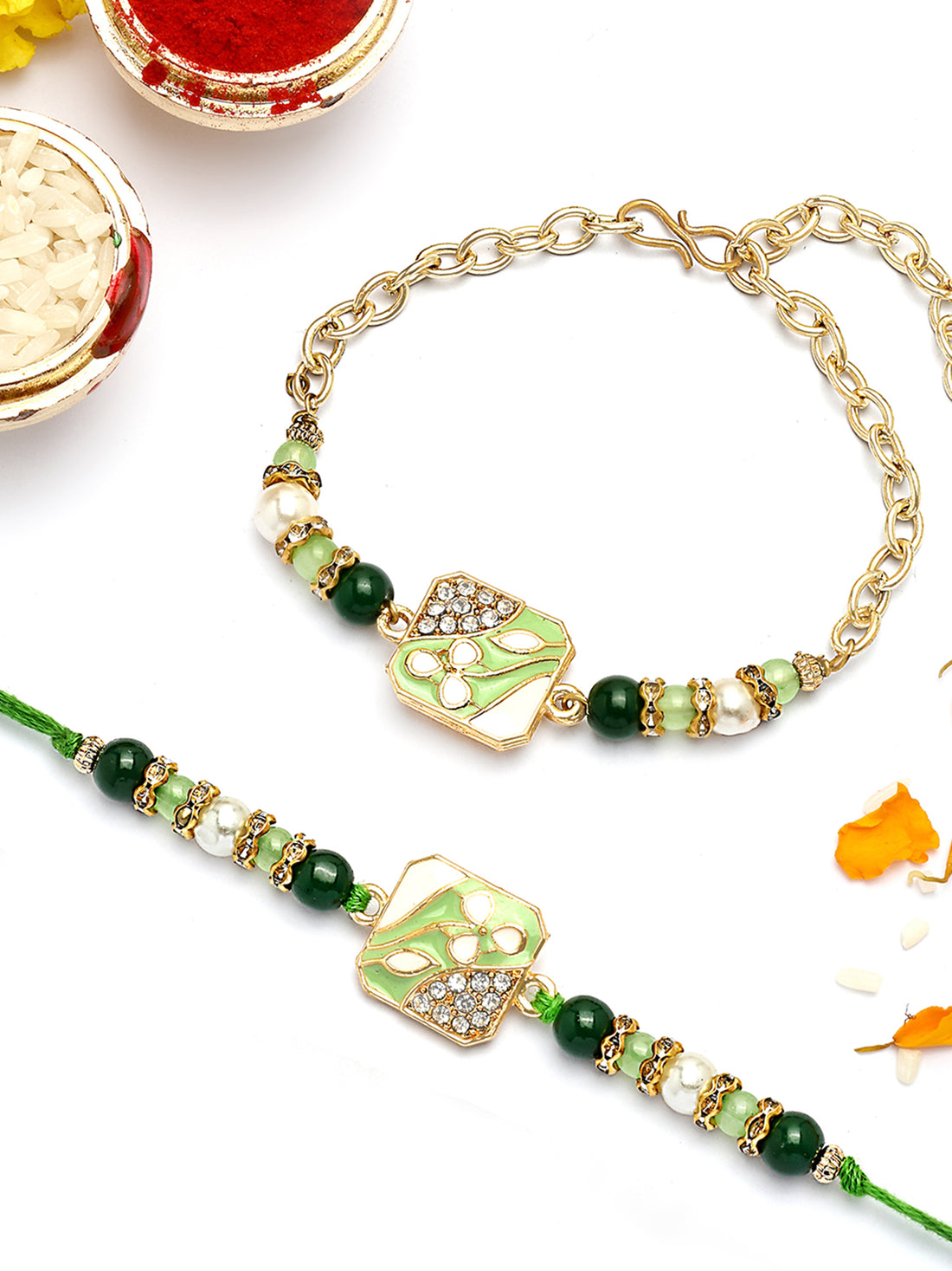 KARATCART Gold Plated Lime Green Kundan Bhaiya Bhabhi Rakhi with Roli & Chawal