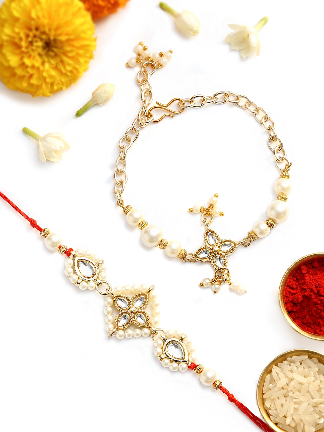 KARATCART Gold Plated Floral Design Pearl Handmade Kundan Bhaiya Bhabhi Rakhi with Roli & Chawal