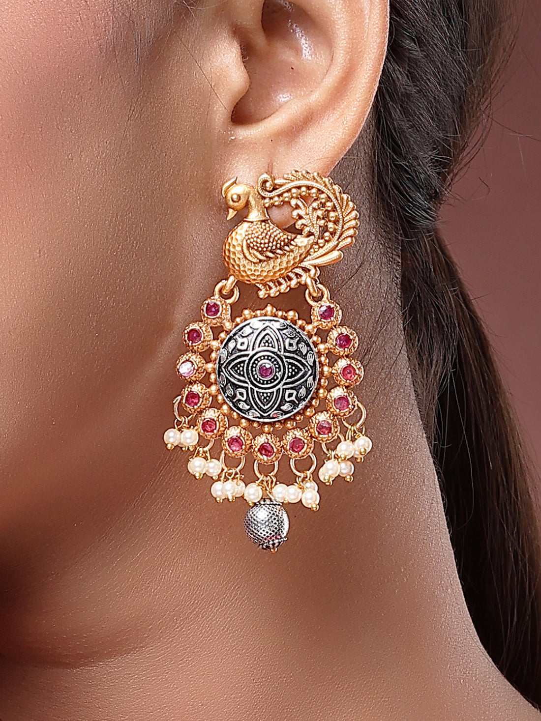 Karatcart Antique Gold Plated Peacock Motif Designer Earrings with Ruby and Pearl Detailing for Women