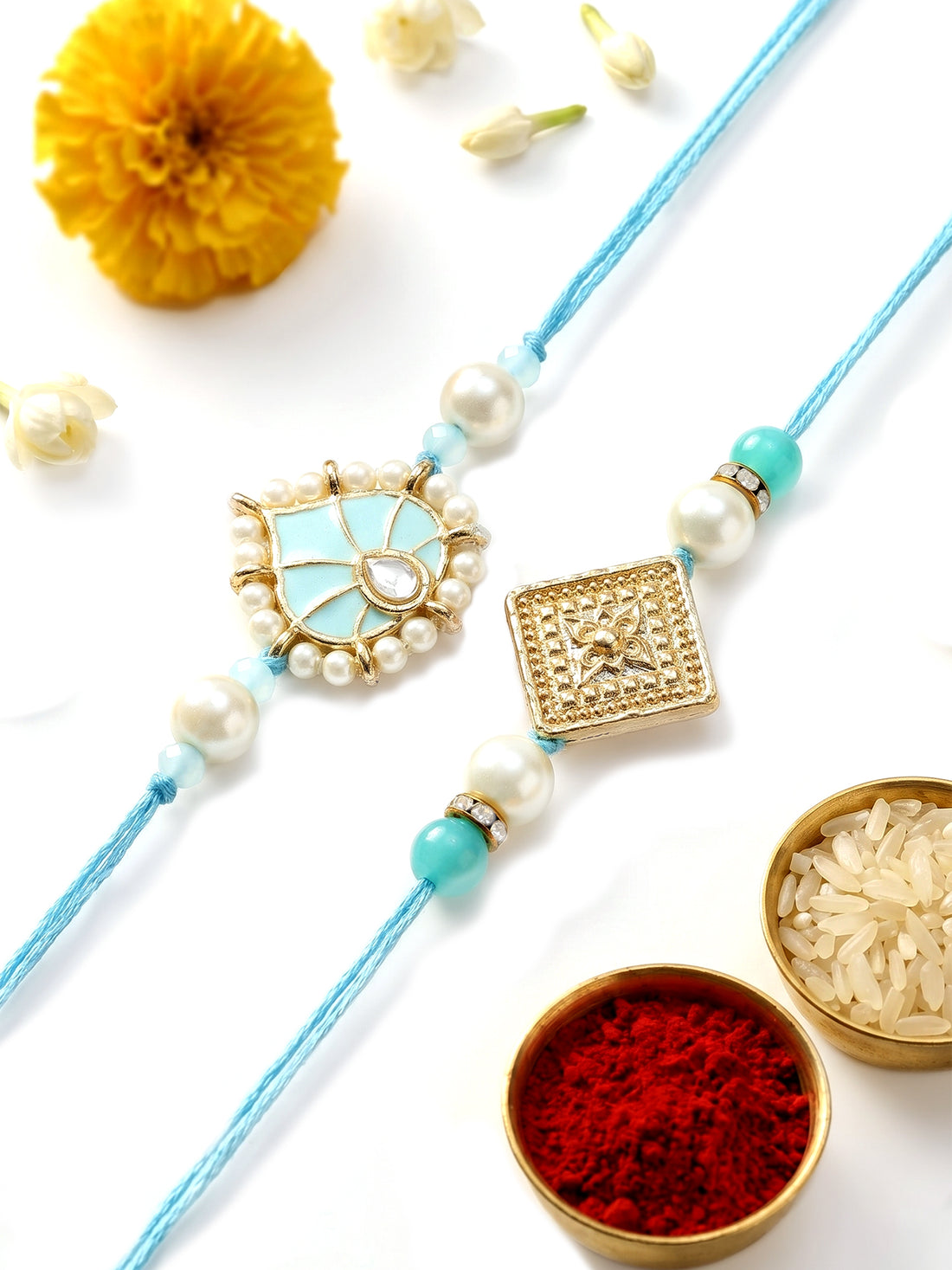 KARATCART Set of 2 Light Blue Meena Heart Shape Handmade Kundan Rakhi for Brother with Roli & Chawal