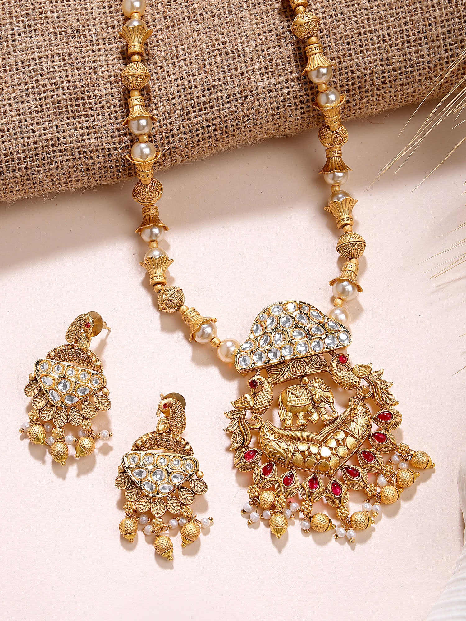 Karatcart Gold Plated Elephant Design Rani Haar Temple Necklace Set for Women