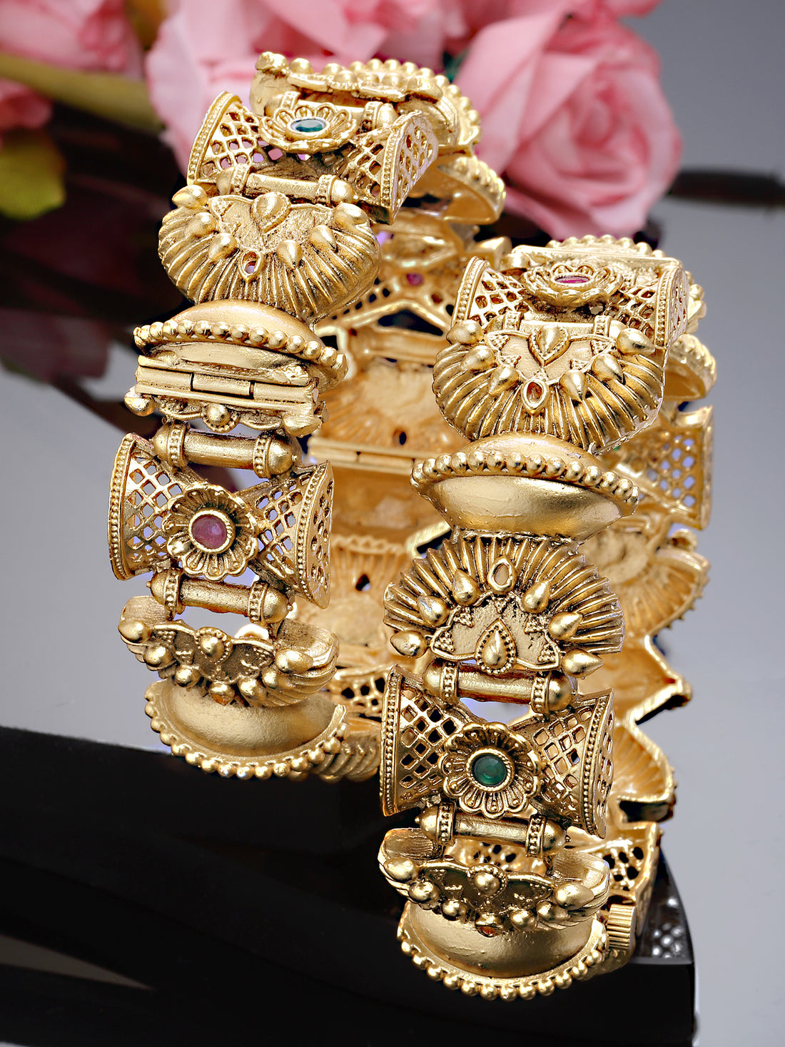 Karatcart Set of 2 Antique Gold Plated Rajwadi Bangles For Women