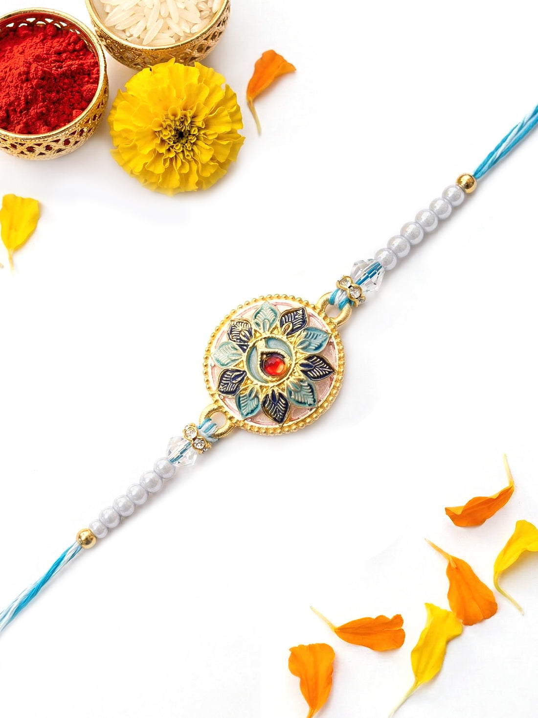KARATCART Gold Plated Round Blue Meenakari Flower Designer Bhaiya Rakhi with Roli & Chawal