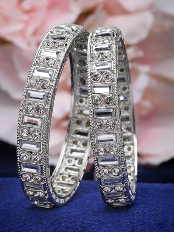 Karatcart Silver Plated Set of 2 Cubic Zirconia Studded Bangles for Women