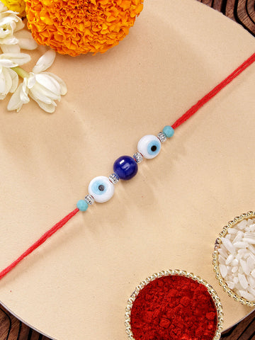 KARATCART Stylish Blue Bead Evil Eye Handmade Rakhi for Brother with Roli & Chawal