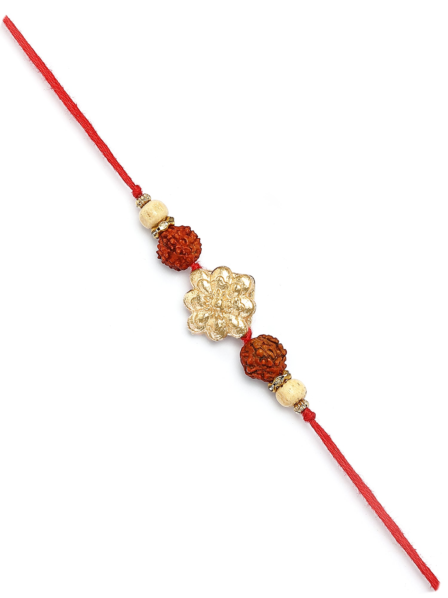 Karatcart Gold Plated Floral Kundan Rudraksha Studded Bhiya Rakhi with Roli & Chawal