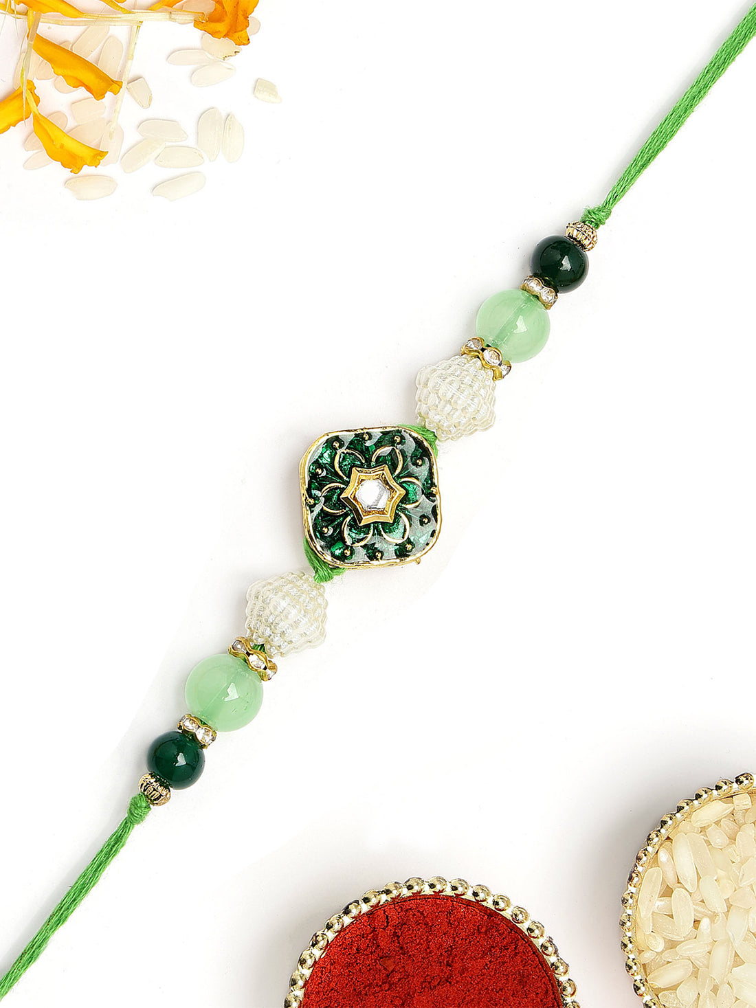 KARATCART Beautiful Green Meena Floral Design Handmade Kundan Rakhi for Brother with Roli & Chawal