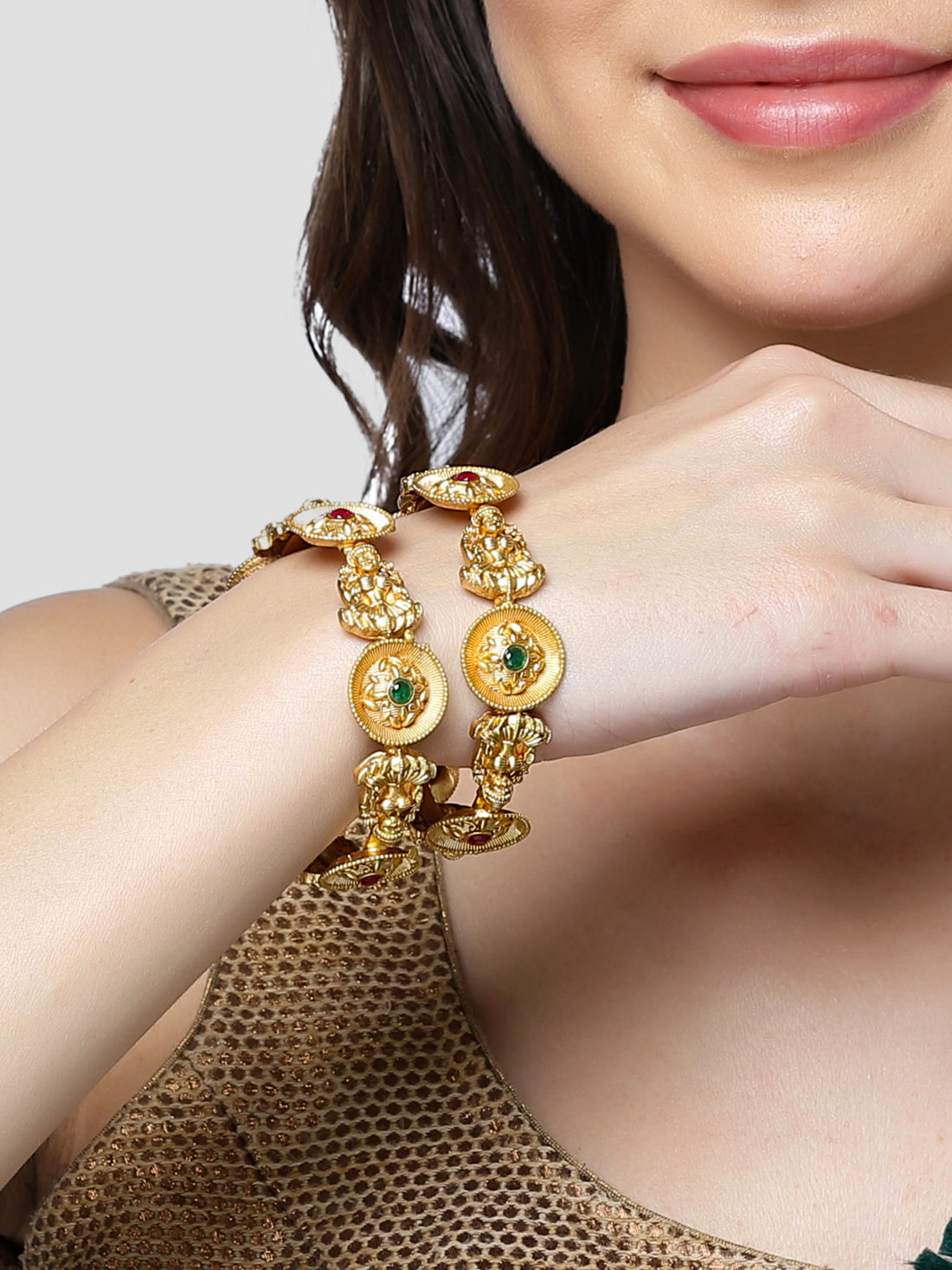 Karatcart Floral Design Gold Plated Set of 2 Laxmi Mata Temple Bangles for Women