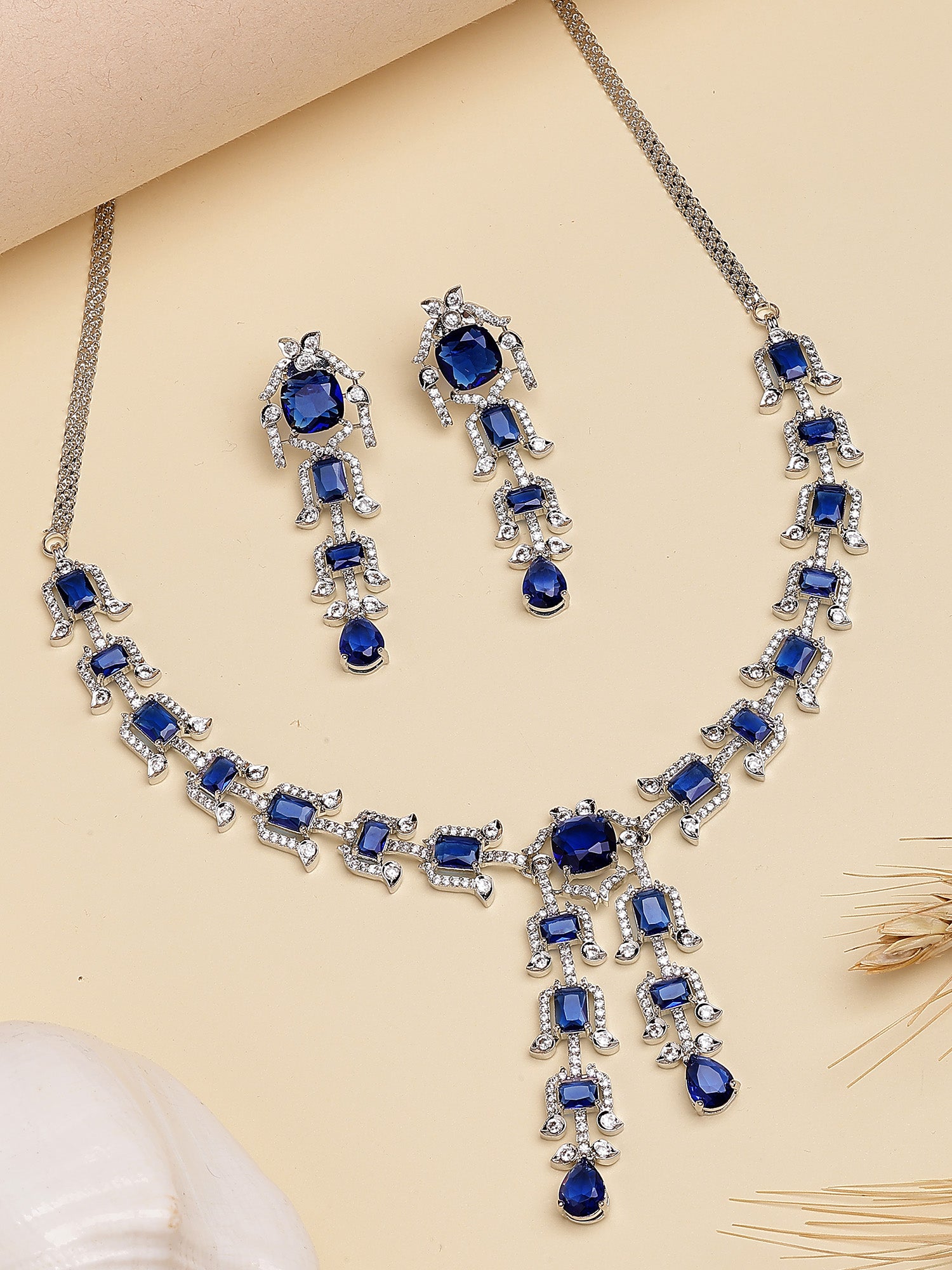 Karatcart Blue Traditional American Diamond Necklace Set for Women - Image 1