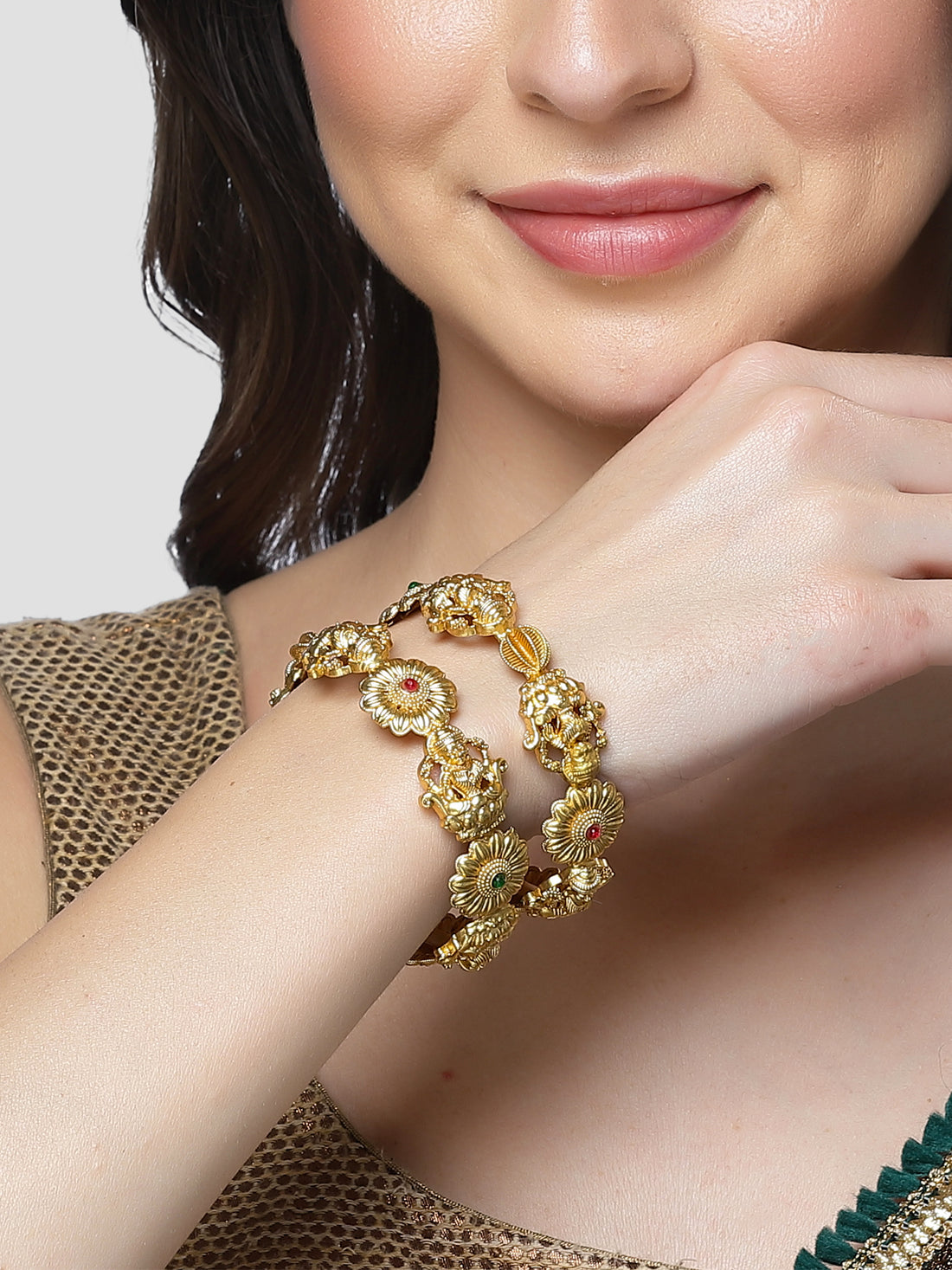 Karatcart Gold Plated Set of 2 Floral and Laxmi Mata Temple Bangles for Women