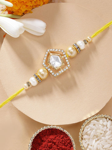 KARATCART Traditional Handmade Golden Beads Polki Kundan Rakhi for Brother with Roli & Chawal