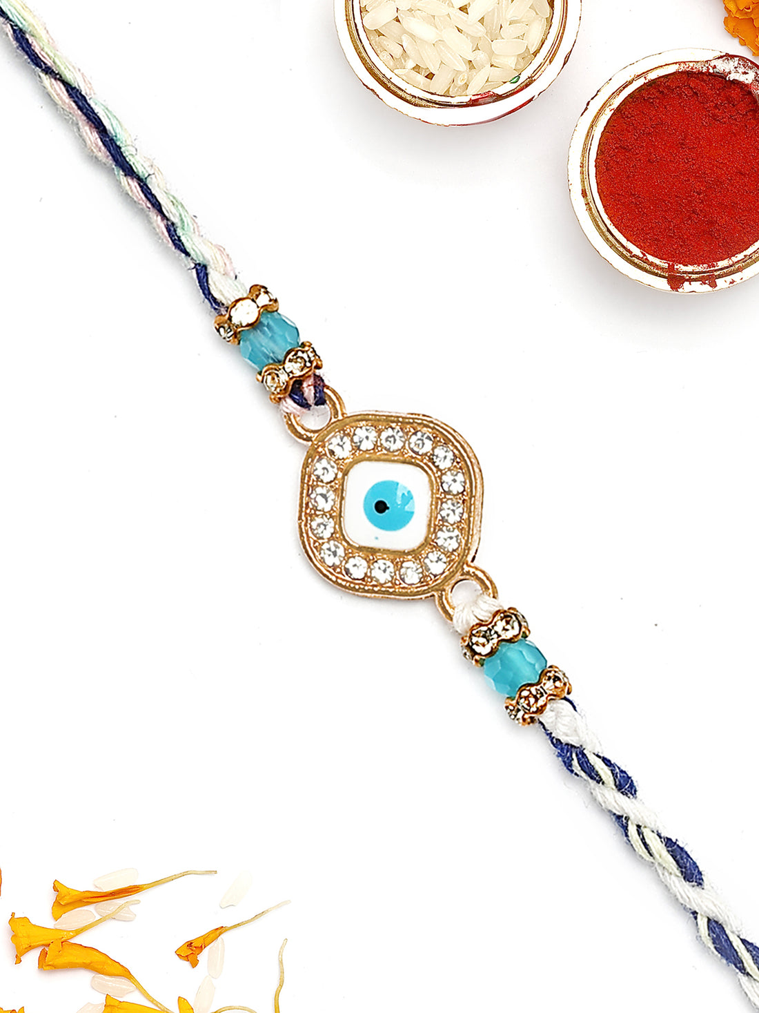 KARATCART Gold Plated Blue American Diamond Square Evil Eye Bhaiya Rakhi with Roli & Chawal