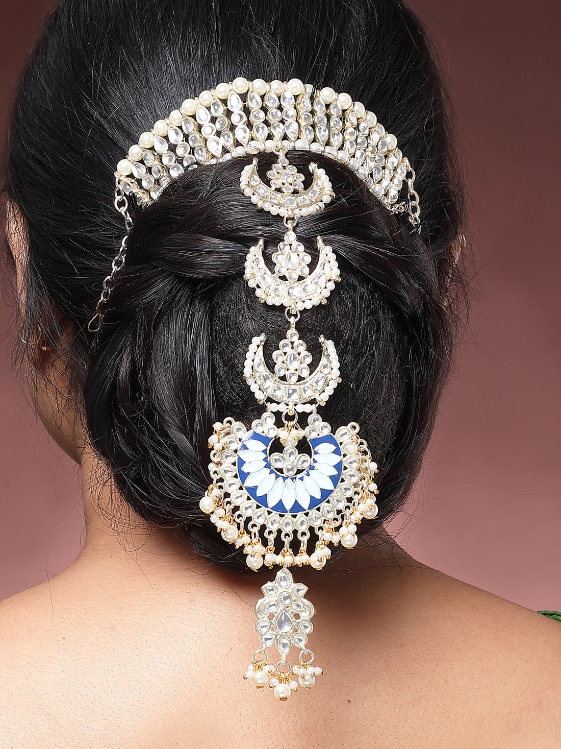 Karatcart Designer Gold Plated Kundan Hair Choti with Blue Enamel and Pearl for Women
