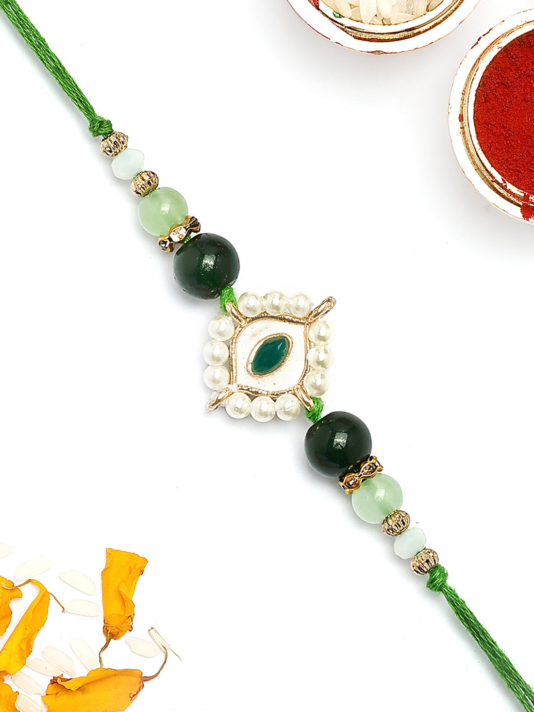 KARATCART Gold Plated Green Evil Eye Kundan Bhaiya Rakhi with Roli & Chawal