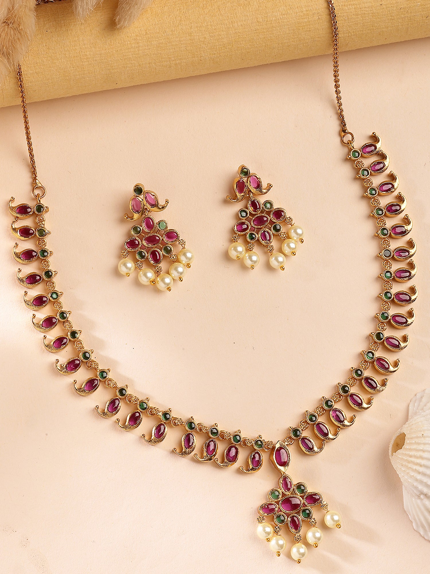 KARATCART Traditional Gold Plated Pink and Green Stone Classic Necklace Set for Women - Image 1