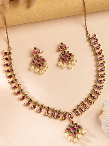KARATCART Traditional Gold Plated Pink and Green Stone Classic Necklace Set for Women