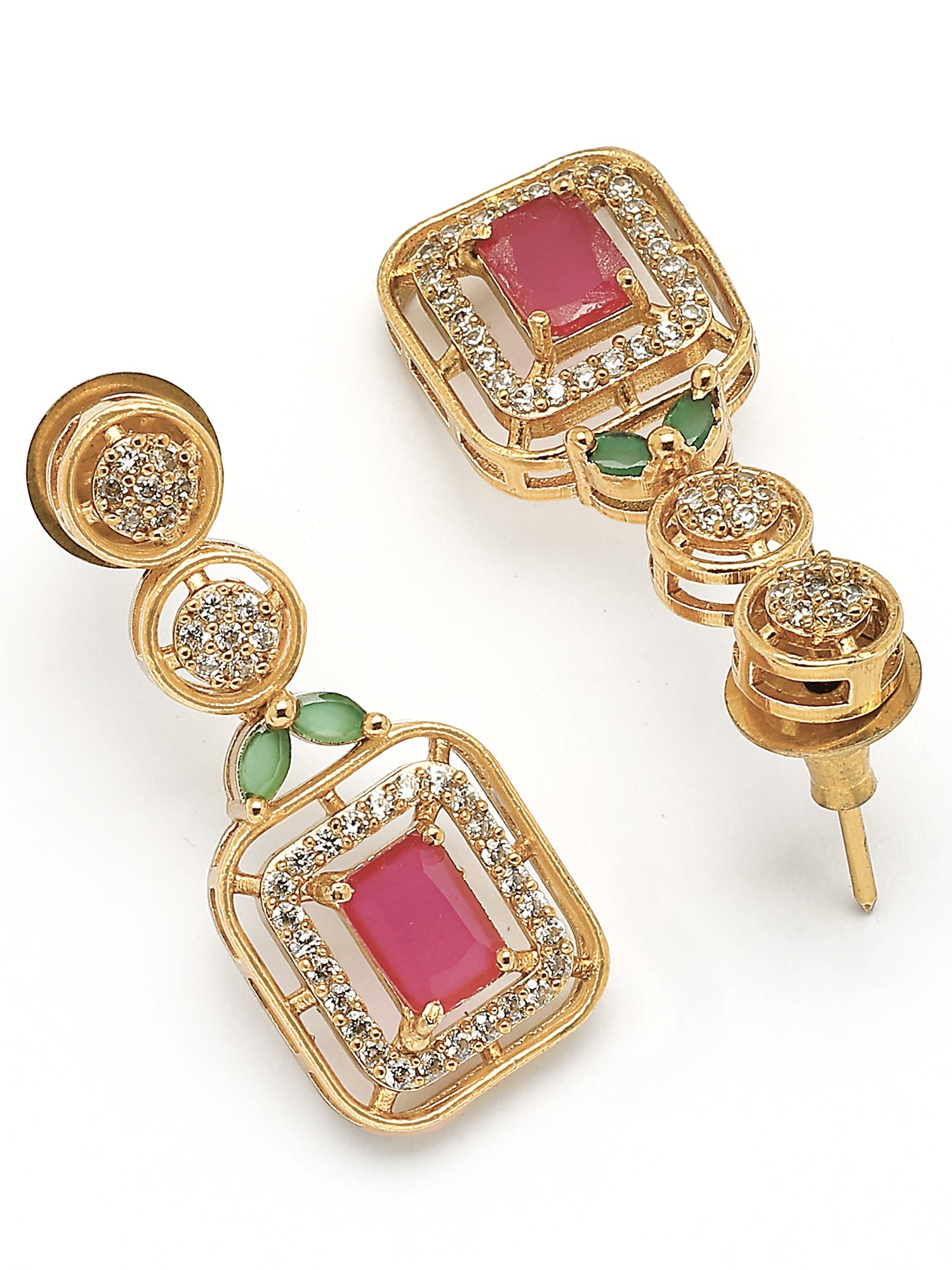 KARATCART Elegant Gold-Plated Pink and Green American Diamond Jewellery Set for Women - view 7
