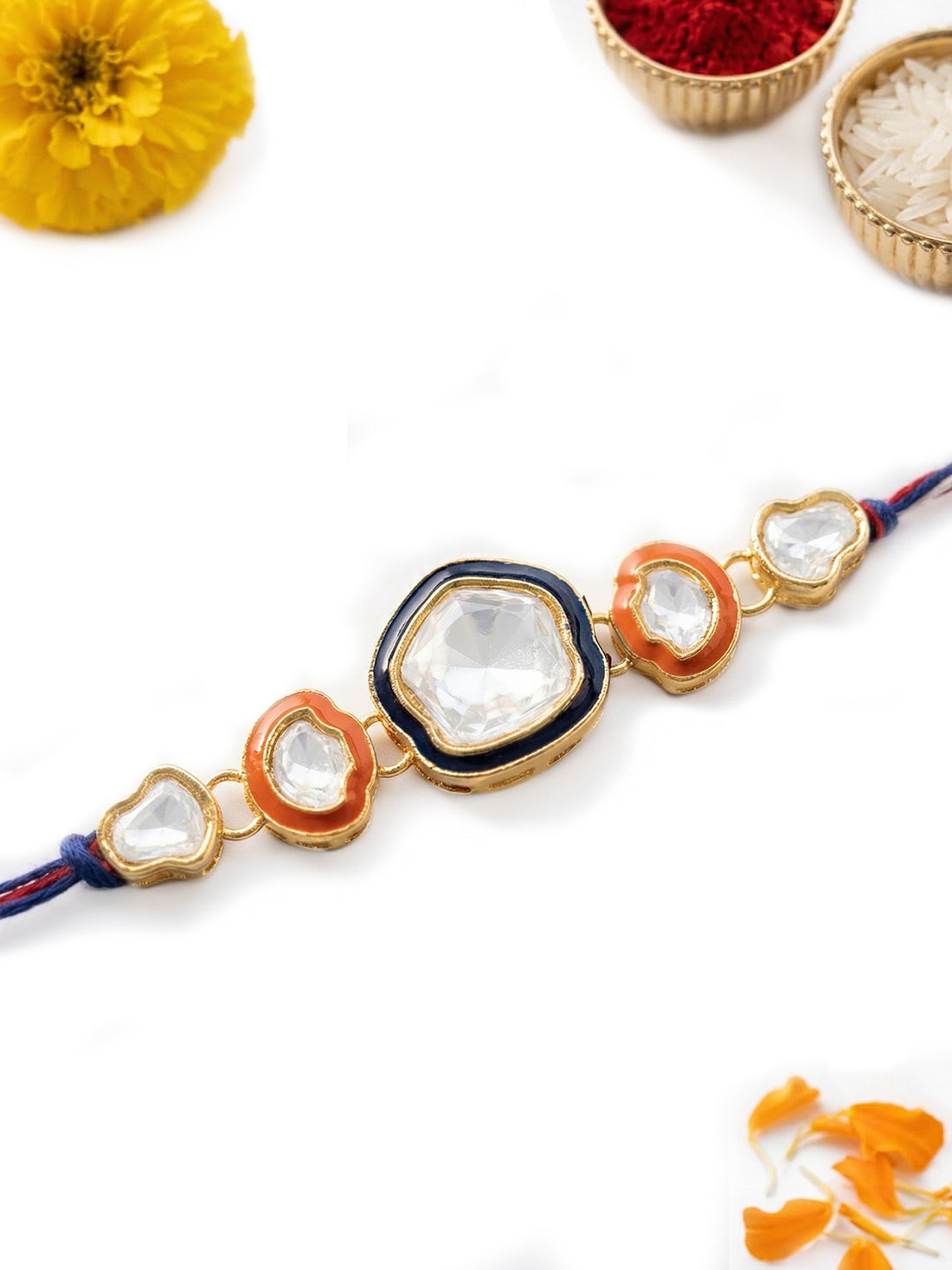 KARATCART Gold Plated Red and Blue Meenakari Polki Kundan Bhaiya Rakhi with Roli & Chawal