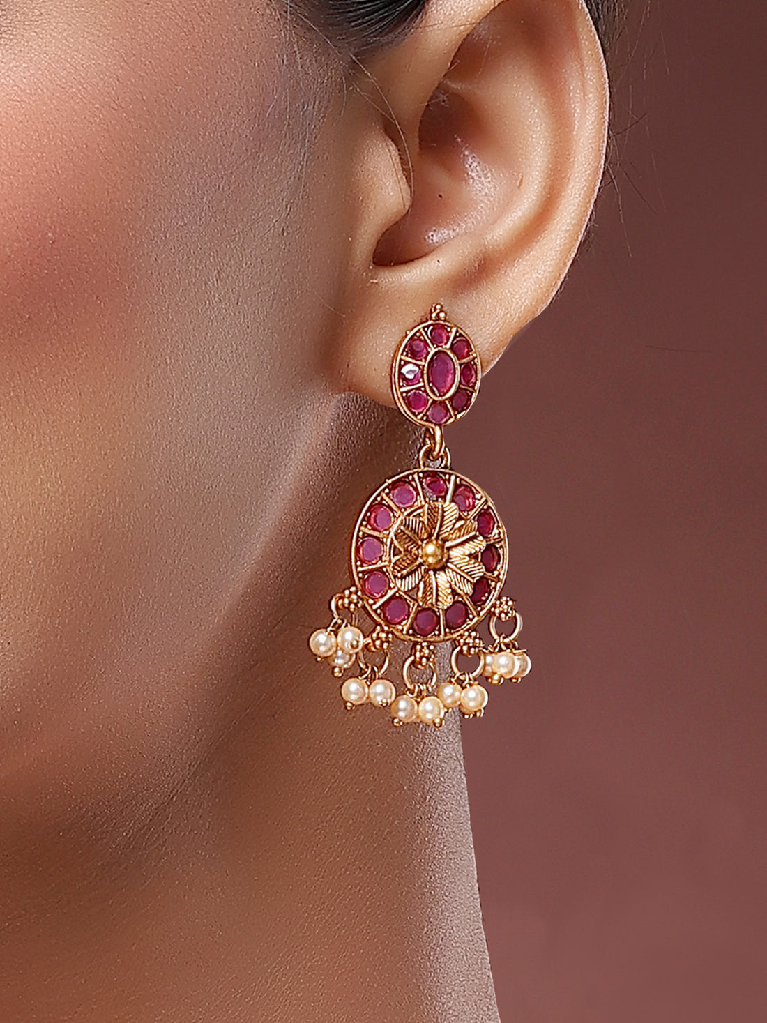 Karatcart Antique Gold Plated Red Tribal Drop Earrings for Women