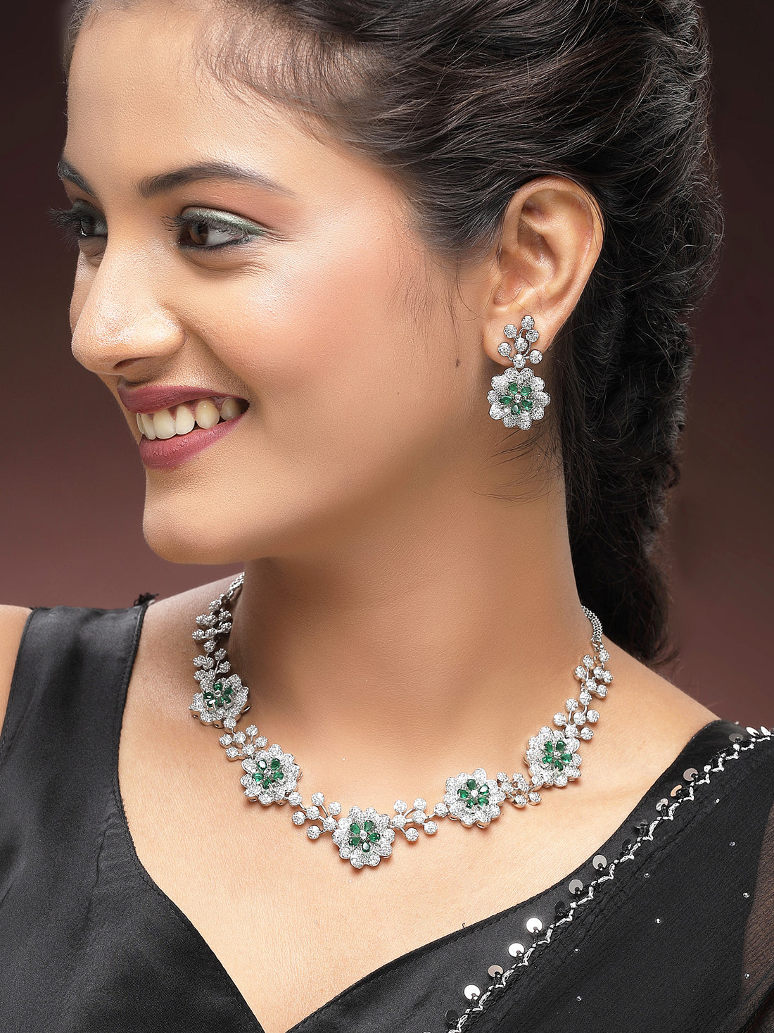 KARATCART Designer Silver-Plated Floral Green American Diamond Jewellery Set for Women