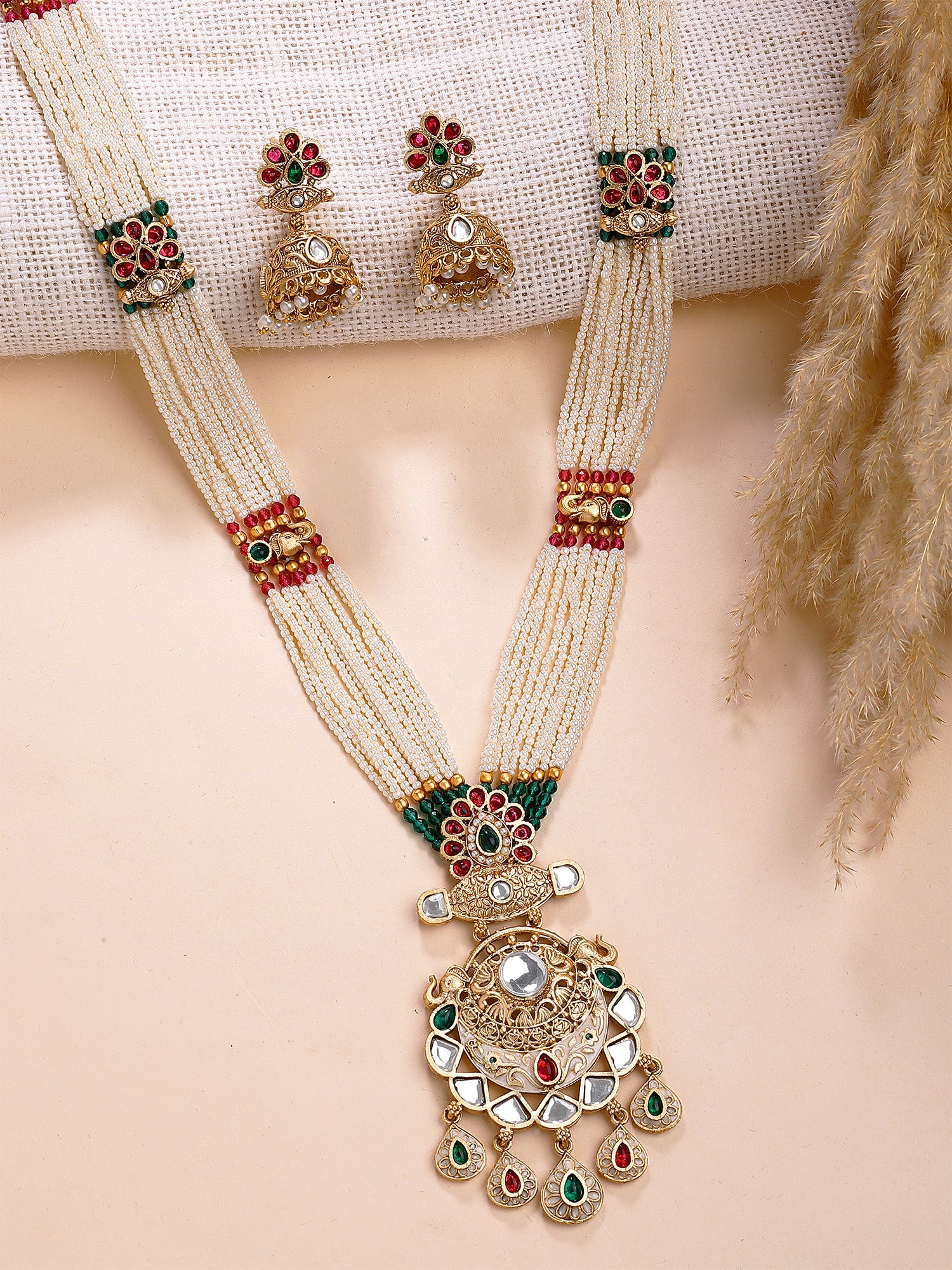 KARATCART Royal Pearl Beaded Gold-Plated Kundan Rani Haar Necklace Set for Women