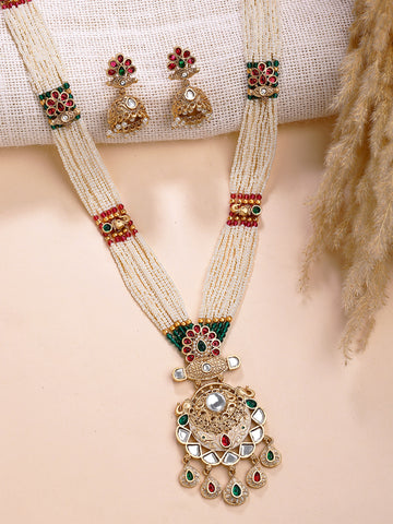 KARATCART Royal Pearl Beaded Gold-Plated Kundan Rani Haar Necklace Set for Women