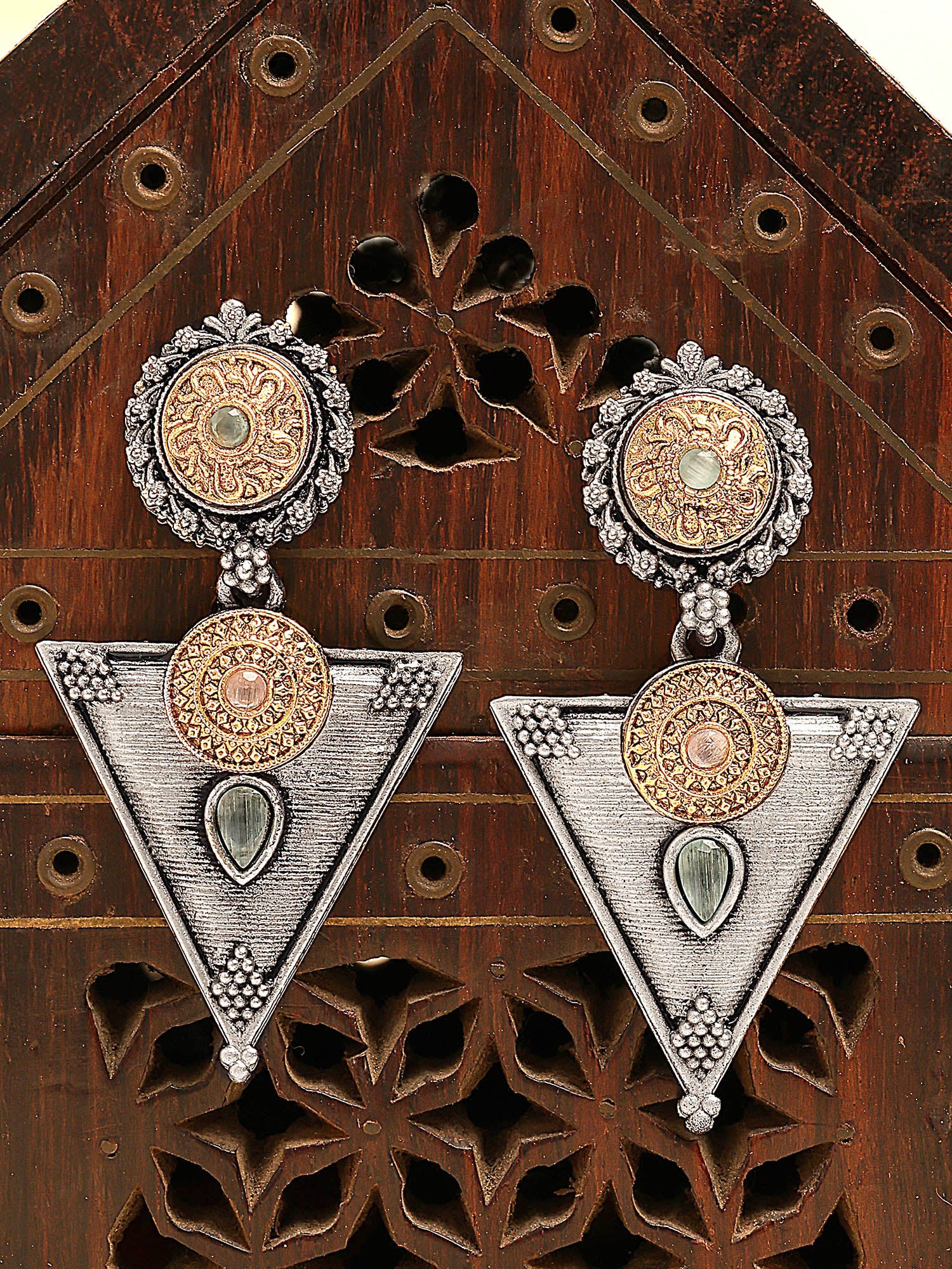 Karatcart Dual-Toned Oxidized Statement Earrings with Intricate Triangle Design and Pastel Green Stones for Women