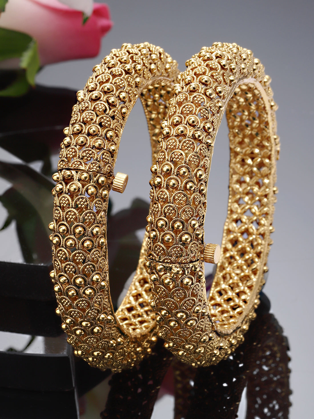 Karatcart Set of 2 Rajwadi Gold Plated Antique Temple Bangles for Women