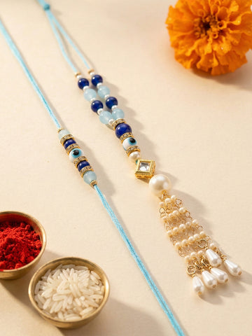KARATCART Gold Plated Evil Eye Blue Beads and Pearl Kundan Bhaiya Bhabhi Rakhi with Roli & Chawal