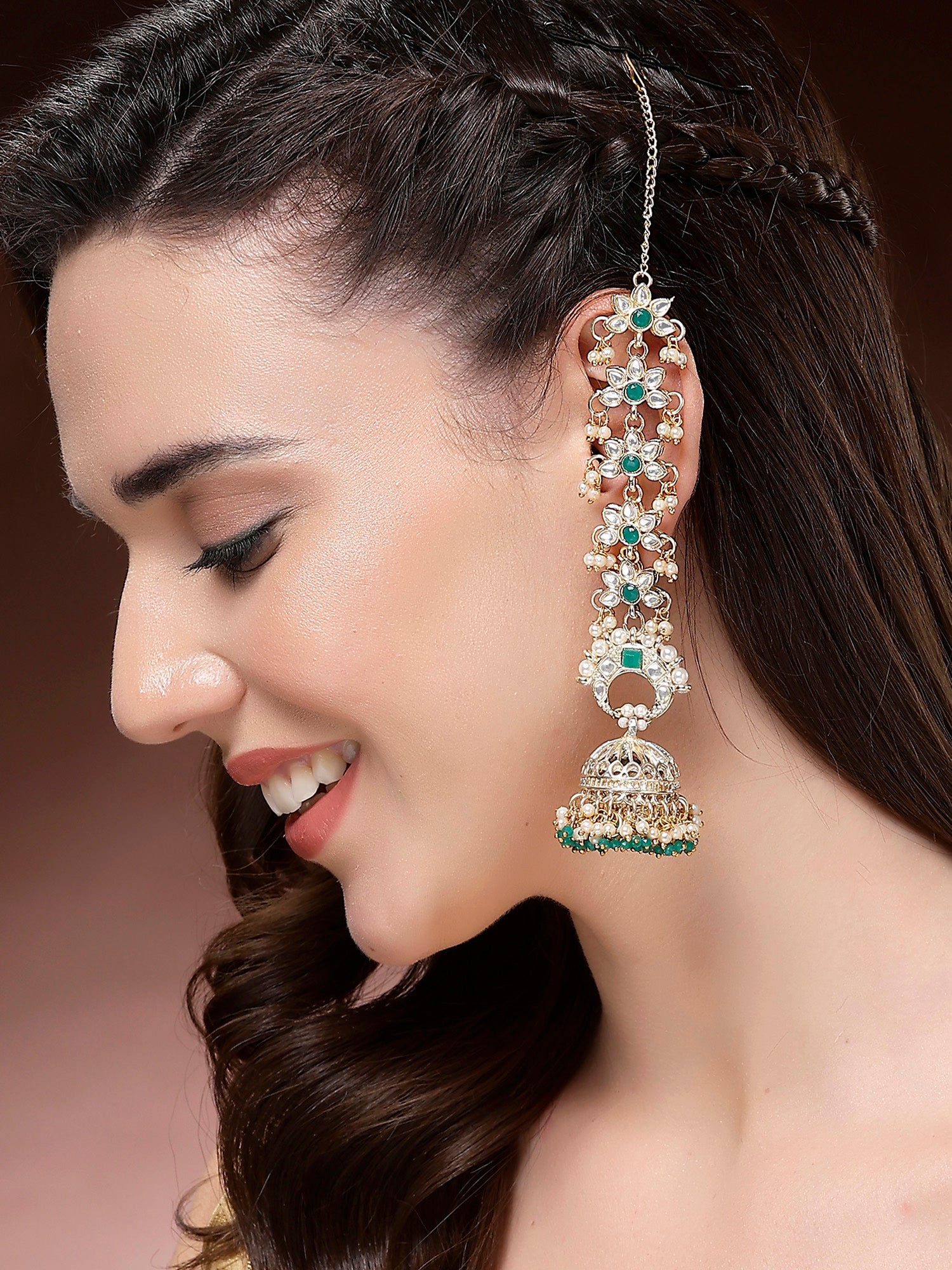 Karatcart Ethnic Gold-Plated Green Crystal Kundan Long Kaanchain Jhumka Earrings for Women - view 3