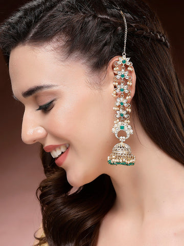 Karatcart Ethnic Gold-Plated Green Crystal Kundan Long Kanauti Kaanchain Jhumka Earrings for Women