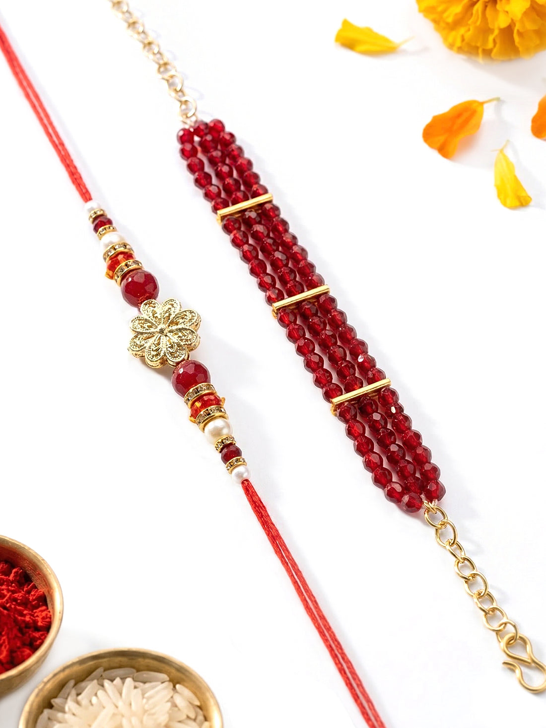 KARATCART Gold Plated Red Crystal Floral Bhaiya Bhabhi Rakhi with Roli & Chawal