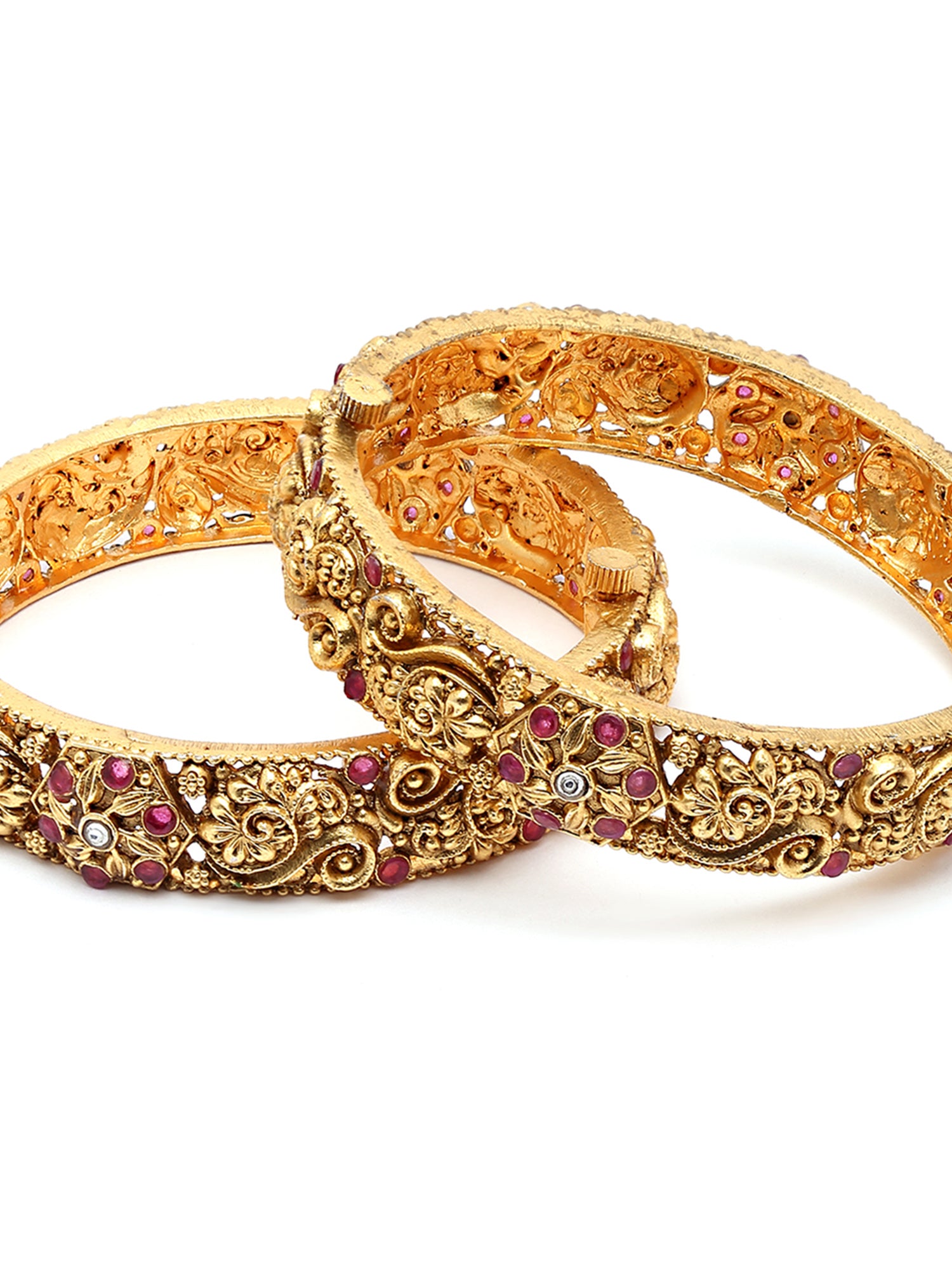 Karatcart Set of 2 Antique Gold Plated Red Stone Studded Rajwadi Temple Bangles for Women